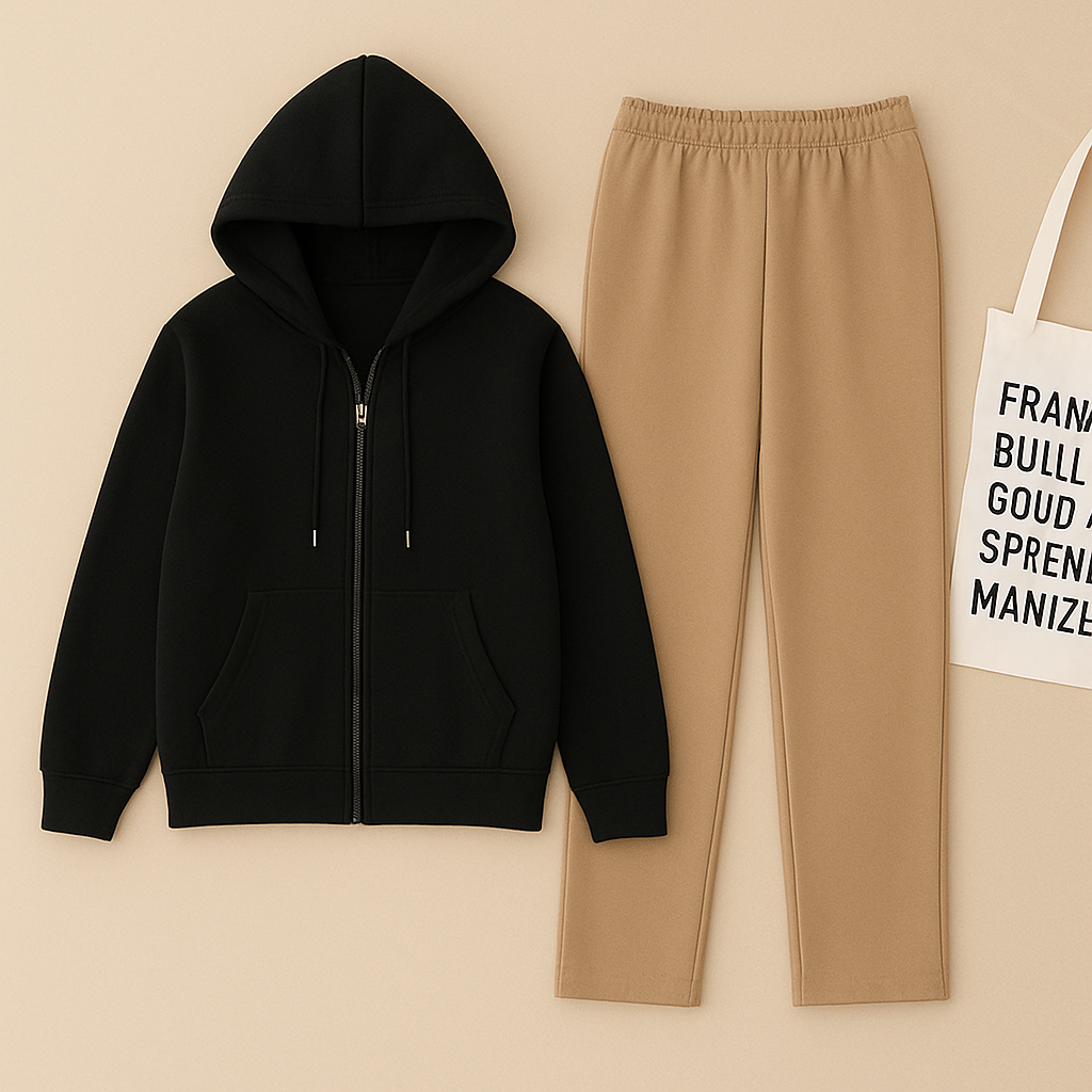 Black Zipper And Beige Trouser set