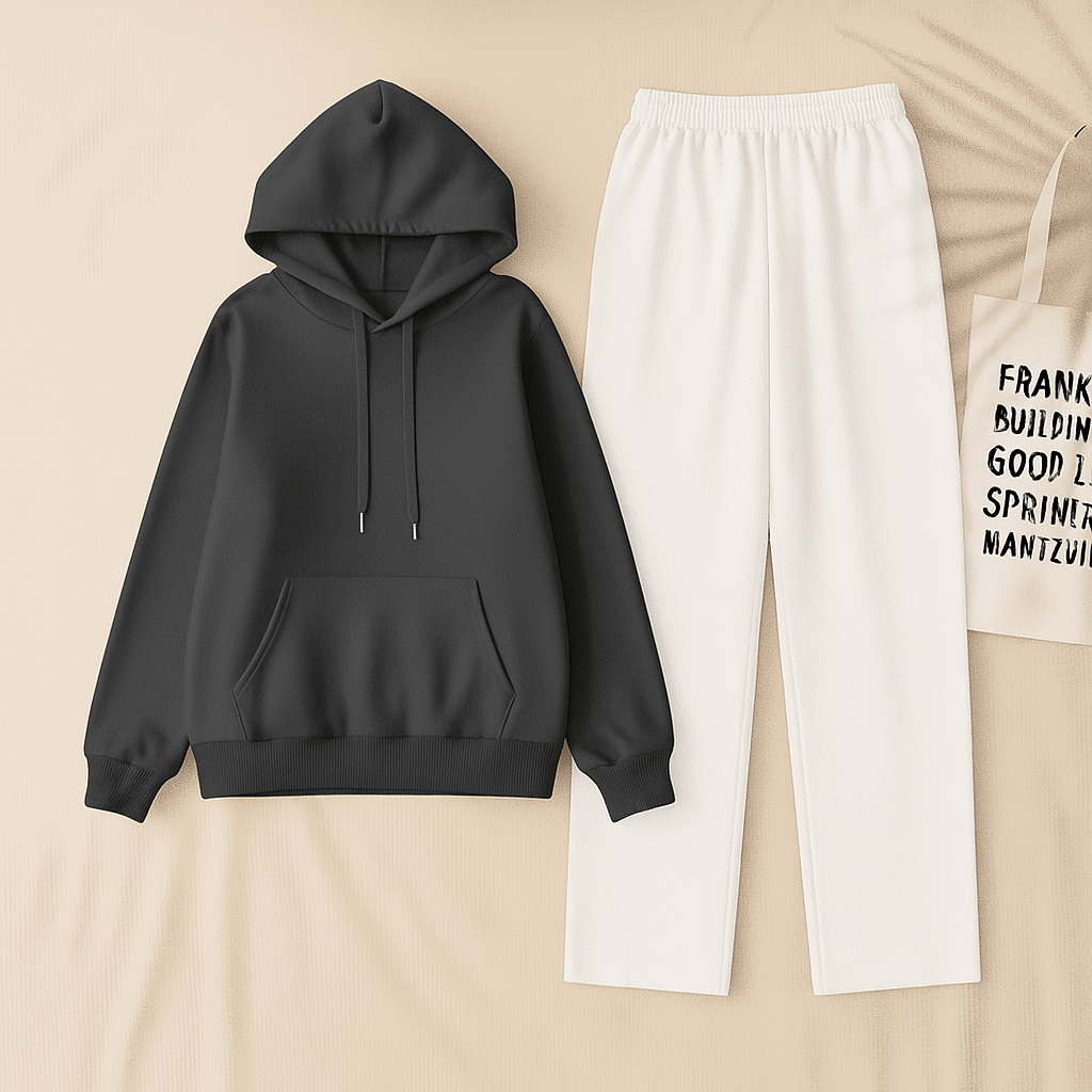 Charcoal Hoodie & White Flapper Trouser
