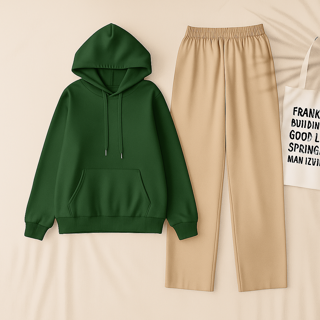 Dark Green Hoodie & Biege Flapper Trouser