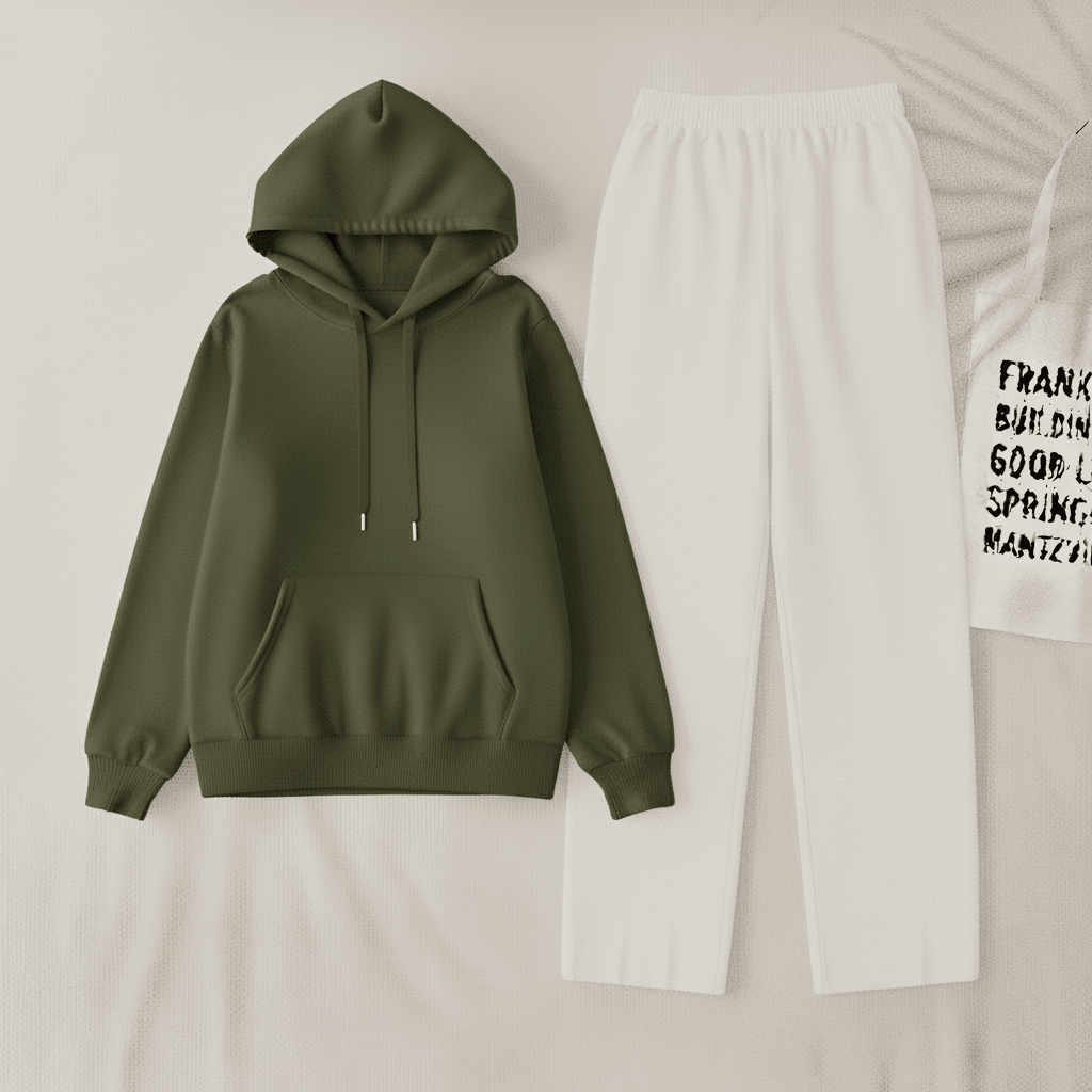Olive green Hoodie & White Flapper Trouser Set