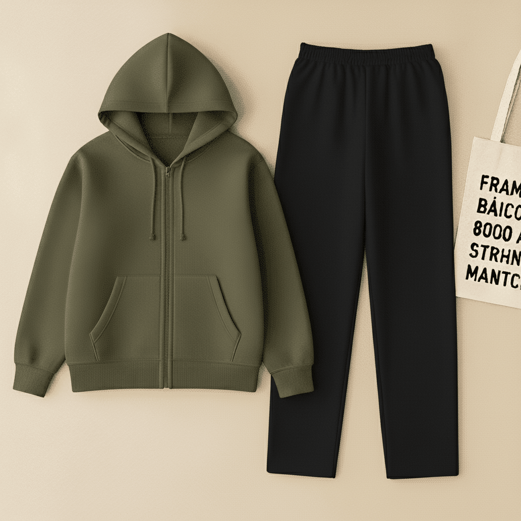 Olive Zipper And Black Trouser Set