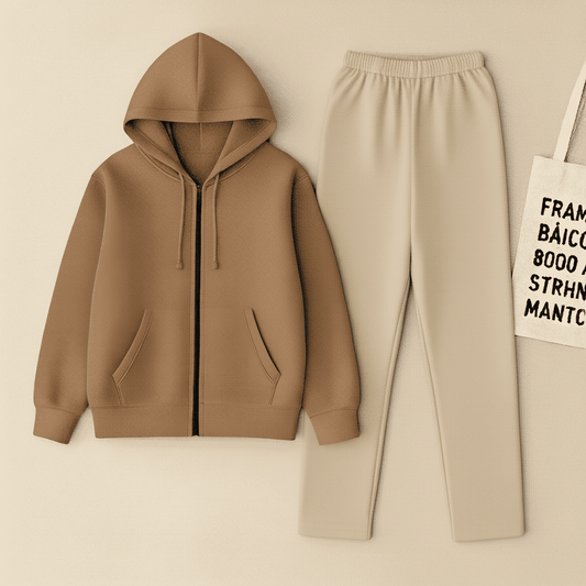 Camel Zipper And Beige Trouser Set