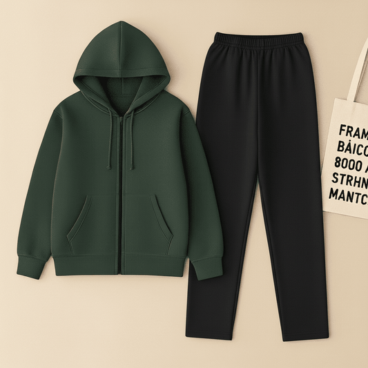 Dark Green Zipper And Black Trouser set