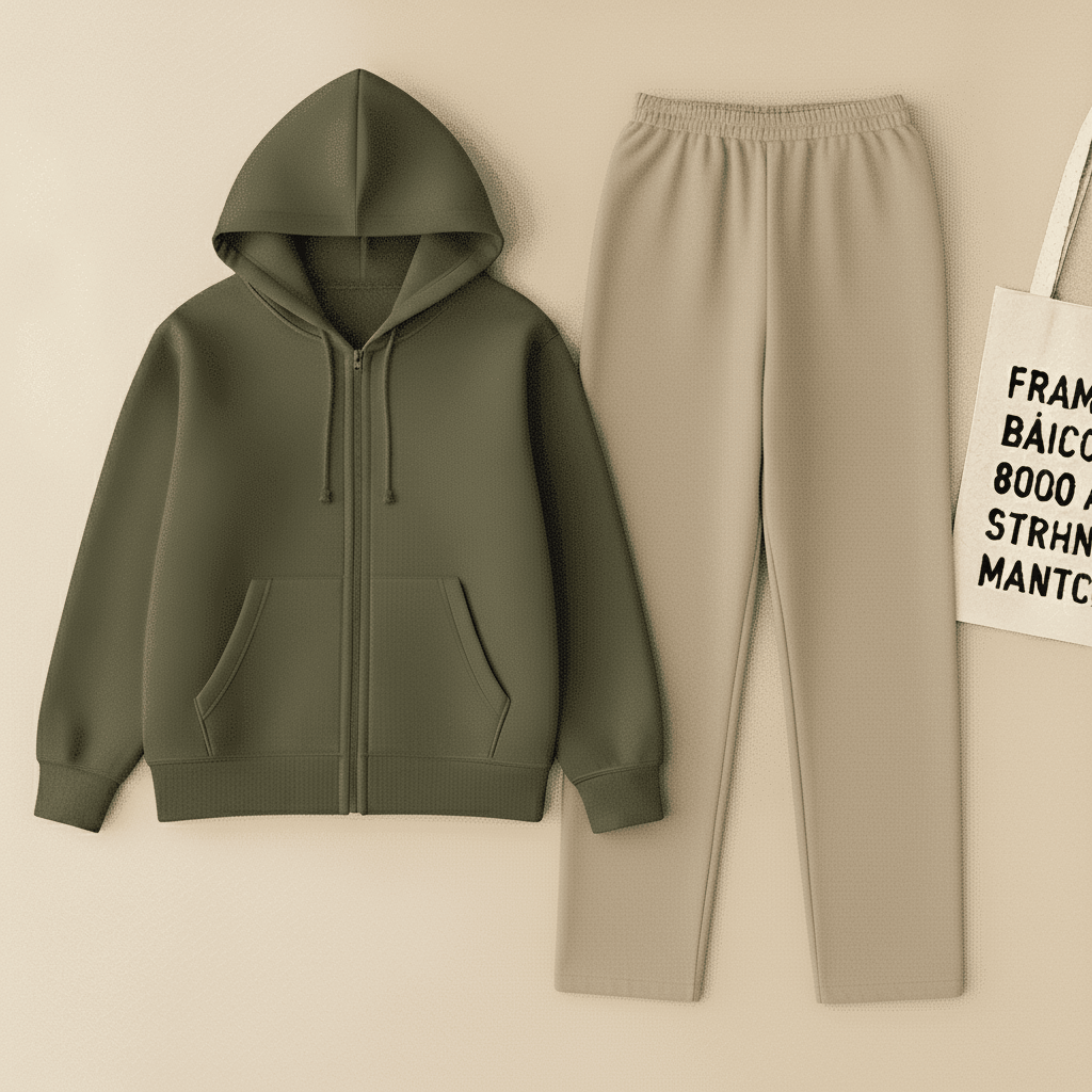 Olive Zipper And Beige Trouser Set