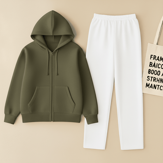 Olive Zipper And White Trouser Set