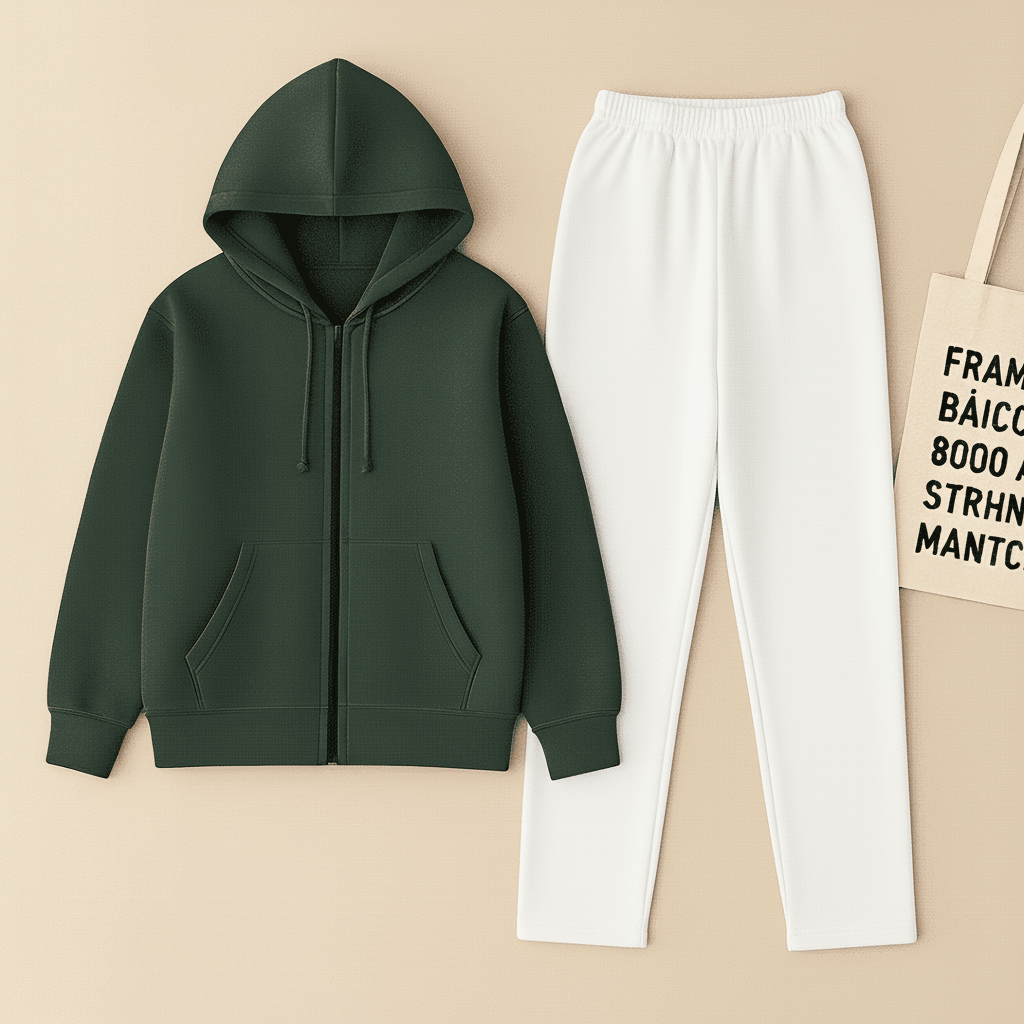 Dark Green Zipper And White Trouser set