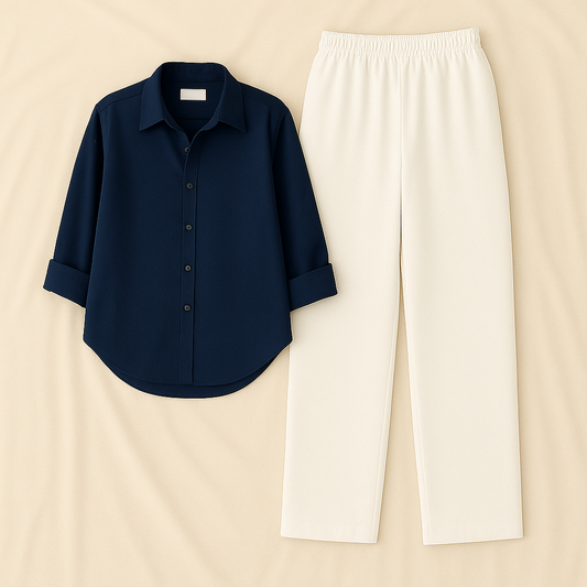 Navy Blue Shirt & White Pant Set