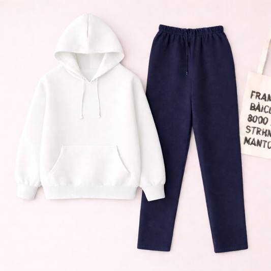 White Hoodie & Navy Blue Flapper Trouser