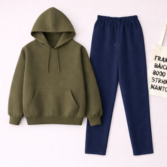 Olive Green Hoodie & Navy Blue Flapper Trouser