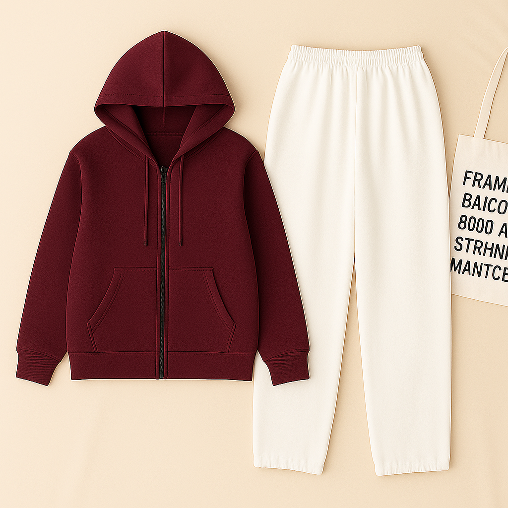 Maroon Zipper And White Trouser set