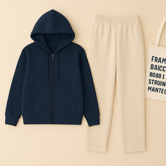 Navy Blue Zipper And Beige Trouser set