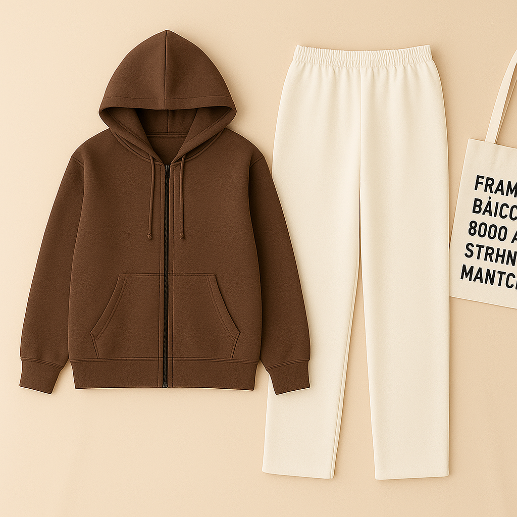 Brown Zipper And White Trouser set