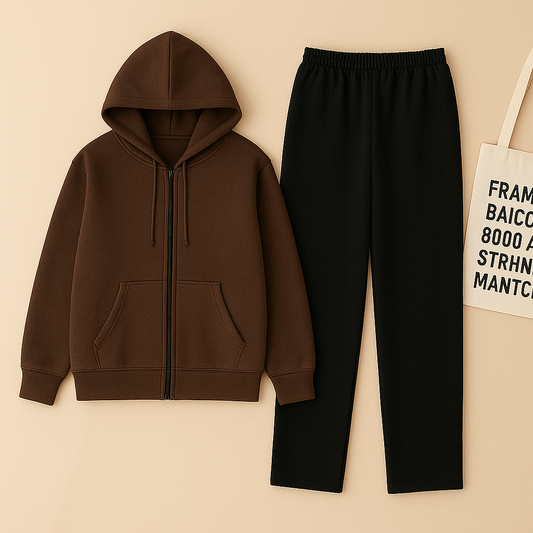 Brown Zipper And Black Trouser set