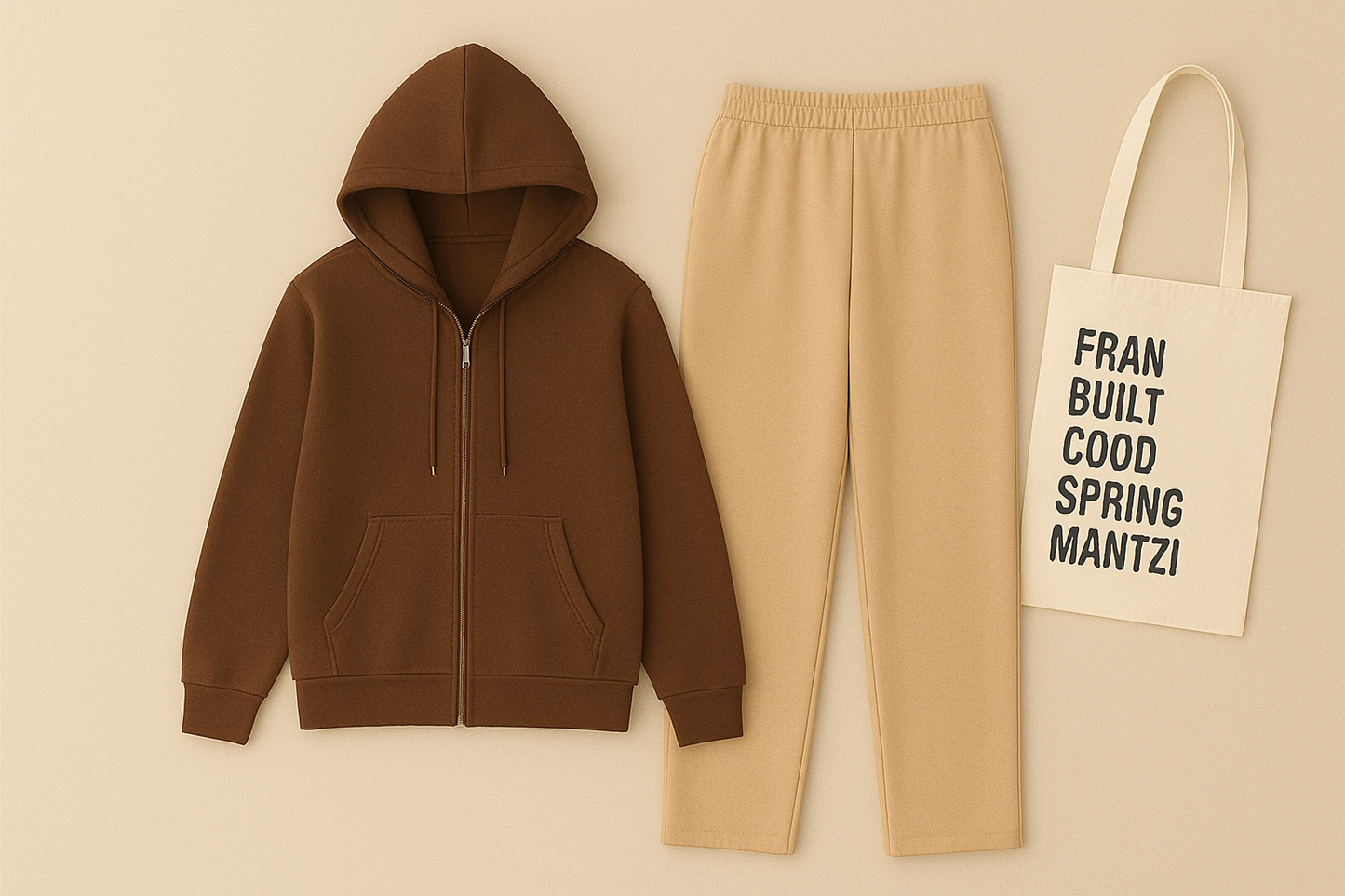 Brown Zipper And Beige Trouser set