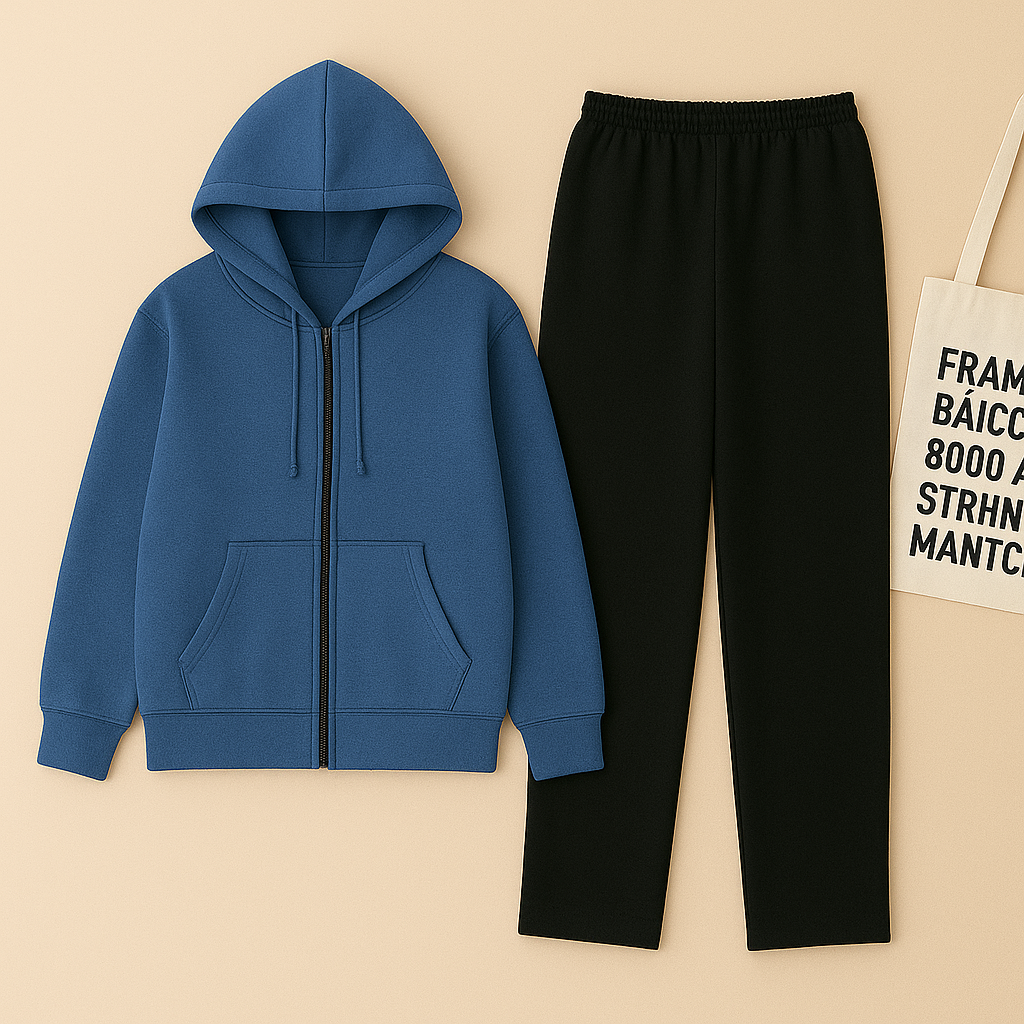 Blue Zipper And Black Trouser set