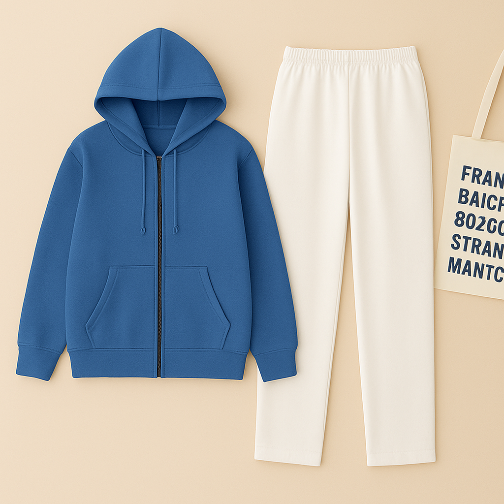 Blue Zipper And White Trouser set