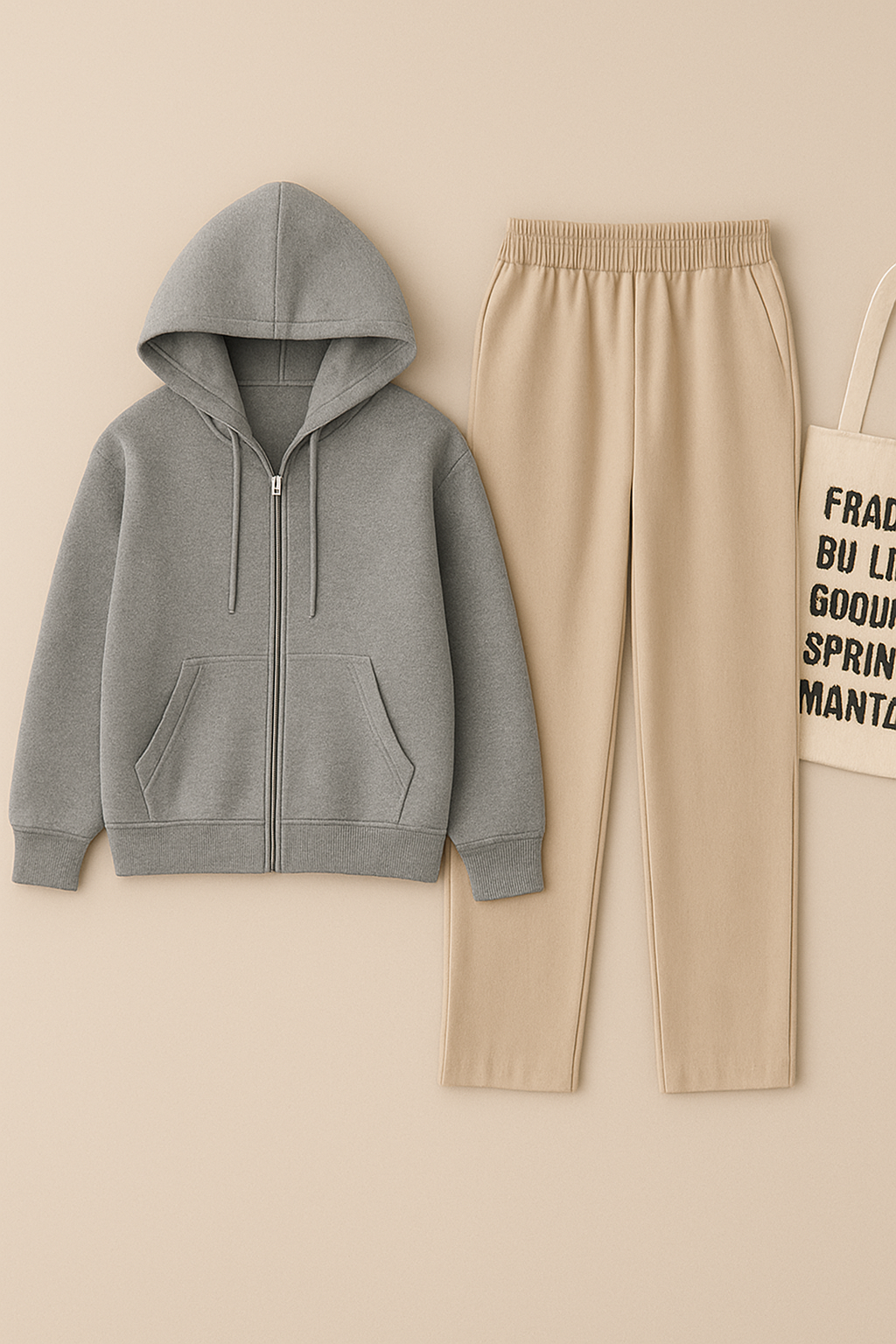 Grey Zipper And Beige Trouser set