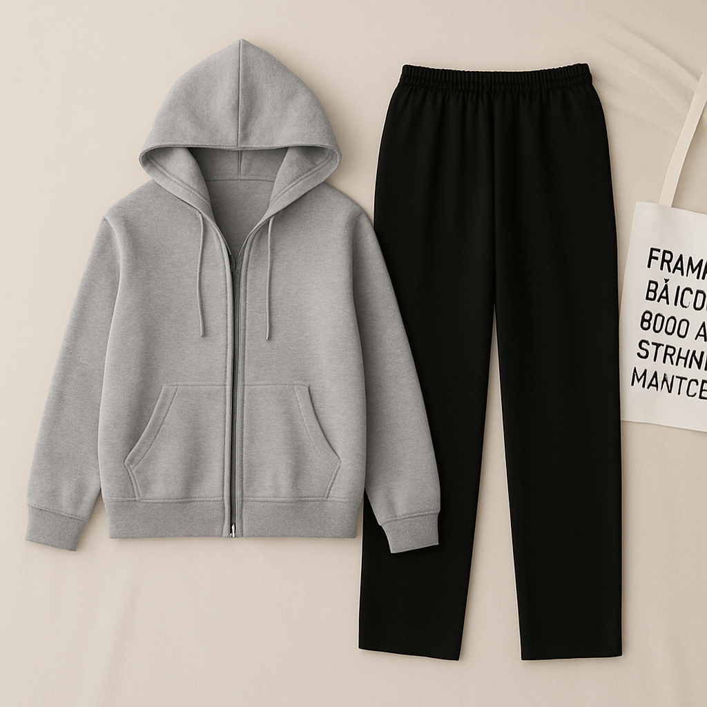 Grey Zipper And Black Trouser set