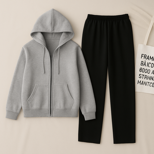 Grey Zipper And Black Trouser set