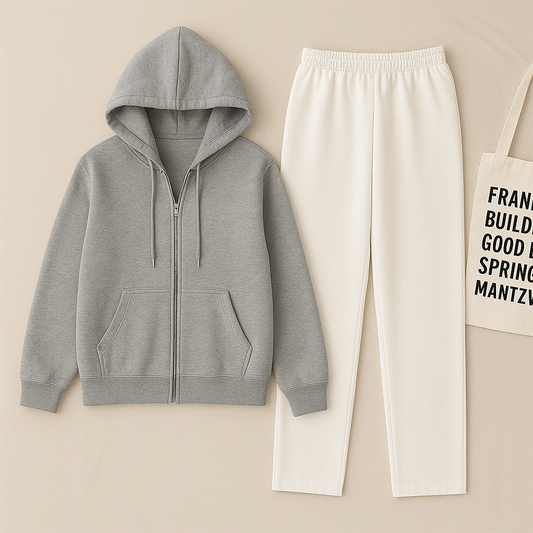 Grey Zipper And White Trouser set