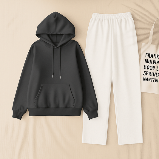 Charcoal Hoodie & White Flapper Trouser