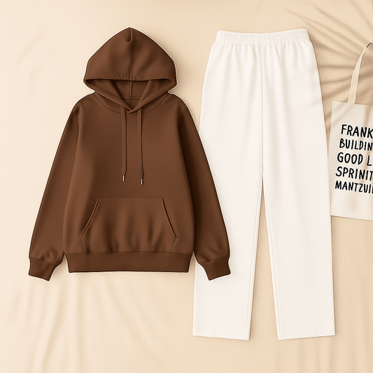 Brown Hoodie & White Flapper Trouser Set