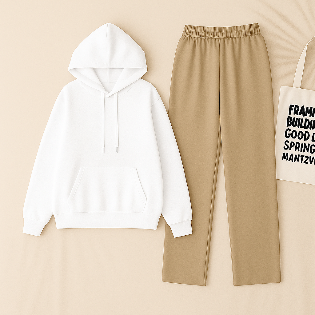 White Hoodie & Beige Flapper Trouser