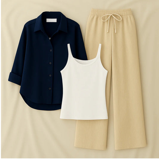Navy Blue Shirt +  Beige Inner + Beige Trouser