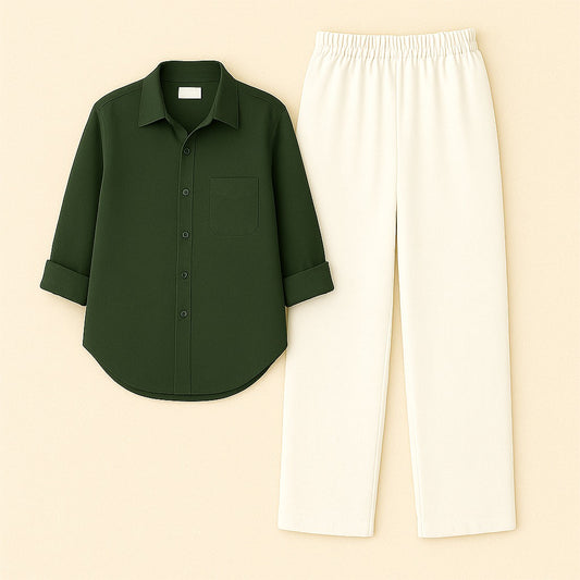 Dark Green Shirt & White Pant Set