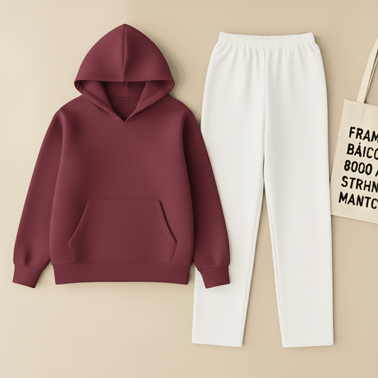 Maroon Hoodie & White Flapper Trouser Set