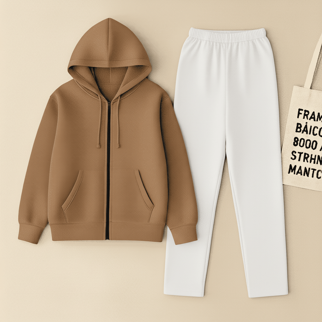 Camel Zipper And White Trouser Set