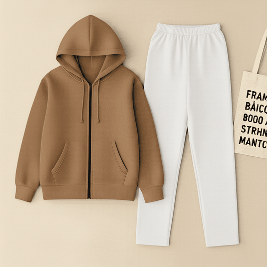 Camel Zipper And White Trouser Set