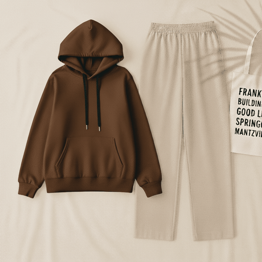 Brown Hoodie & Beige Flapper Trouser