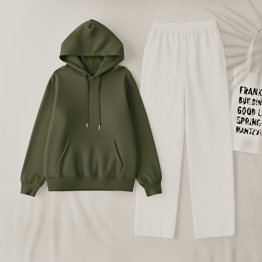Olive green  Hoodie & White Flapper Trouser Set